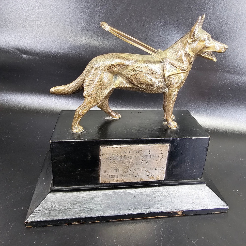 1960 German Shepherd Guide Dog Silver Plated Bronze Wood Base Winterbourne Hotel